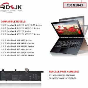 Batterie Interne pour Pc Portable ASUS VivoBook S14 S432 S432FA S432FL Vivobook S15 S532 S532FA S532FL X432FA X432FL X432FLC X532FA X532FL X532FLC S432FA-EB025T S532FA-DH55 S532FL-EB71 Series 11.55V 42Wh –  C31N1843 –